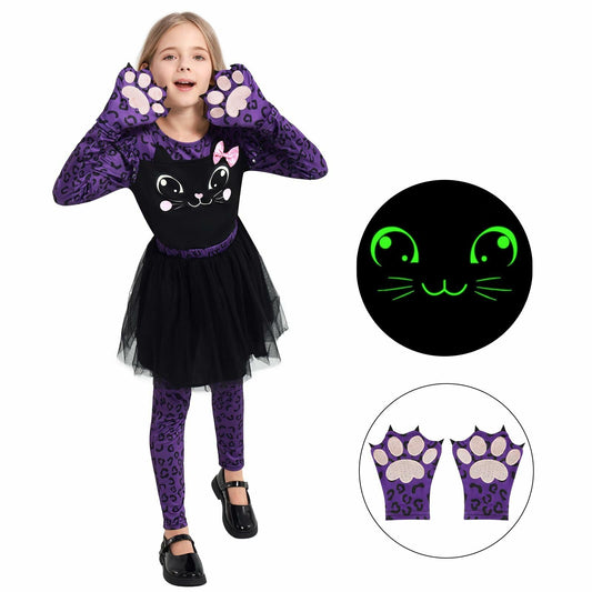 Weixinbuy Girls Leopard Cat Costume Glow Dark Halloween Dress Purple Size 3-4T
