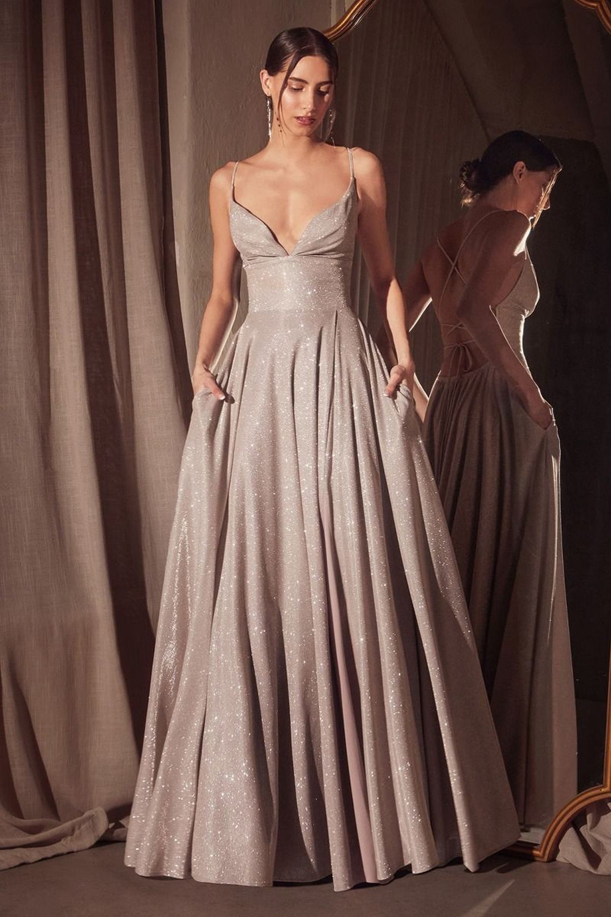 Ladivine Amoris T214 Sleeveless Spaghetti Strap A-Line Glitter Gown